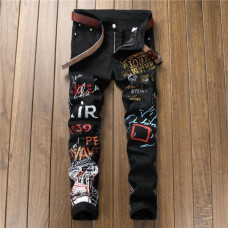 Men Denim Pants Gold Letter Print Jeans Slim Fit Pants Straight Leg Trousers