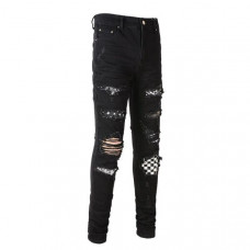 Men Ripped Shepherd Check Patch Slim Jeans Retro High Street Classic Black Pants