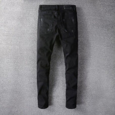 Men's Knee Hole Patch Elastic Cloth Slim Jeans Retro Classic Black Biker Pants