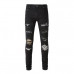 Men Ripped Shepherd Check Patch Slim Jeans Retro High Street Classic Black Pants