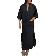 Taoliyuan Mens Kaftan Hooded Robe Linen Thobe V Neck Long Gown Casual Shirt with