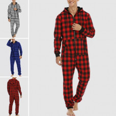 Mens Flannel One Piece Pajamas Set Men House Comfortable Plaid Print Sleepwear