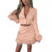 Womens Solid Cardigan V-neck Long Sleeve Coat Slim Feather Short Skirt Suit Sets