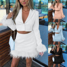 Womens Solid Cardigan V-neck Long Sleeve Coat Slim Feather Short Skirt Suit Sets