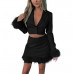 Womens Solid Cardigan V-neck Long Sleeve Coat Slim Feather Short Skirt Suit Sets