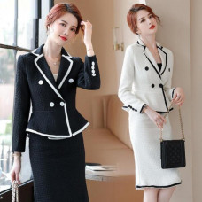 2PC Suit Women's Cotton Dress Blazer Long Skirt Formal Slim Fit Irregular Chic