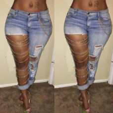 NEW Stylish Women Broken Hole Patchwork Chain Ripped Club Long Jeans Denim Pants