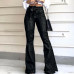 Girls Casual Stretch Pants Flared Trousers Drawstring High Waist Denim Jeans