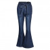 Girls Casual Stretch Pants Flared Trousers Drawstring High Waist Denim Jeans