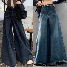 Women Denim Jean Flared Bell-Bottom Pants High Waist Trousers Loose Wide Legs