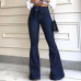 Girls Casual Stretch Pants Flared Trousers Drawstring High Waist Denim Jeans